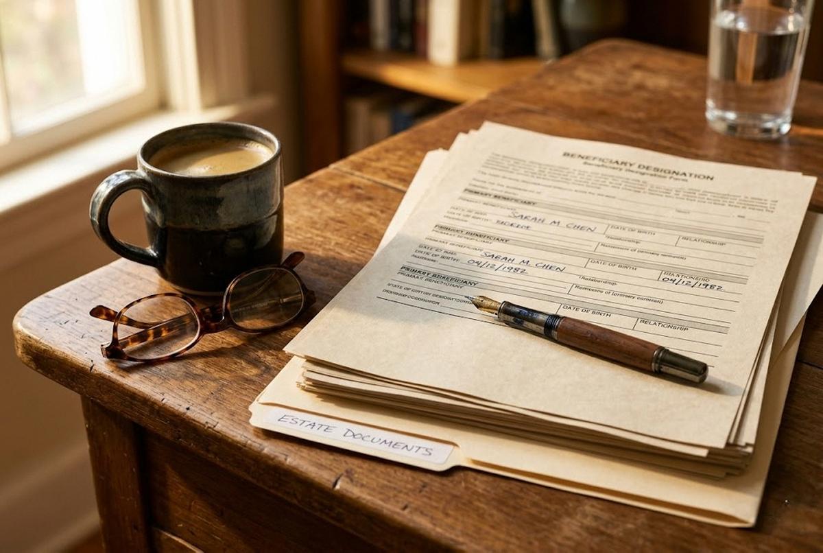 A senior reviewing retirement account beneficiary forms at a kitchen table with a folder of statements and a coffee mug