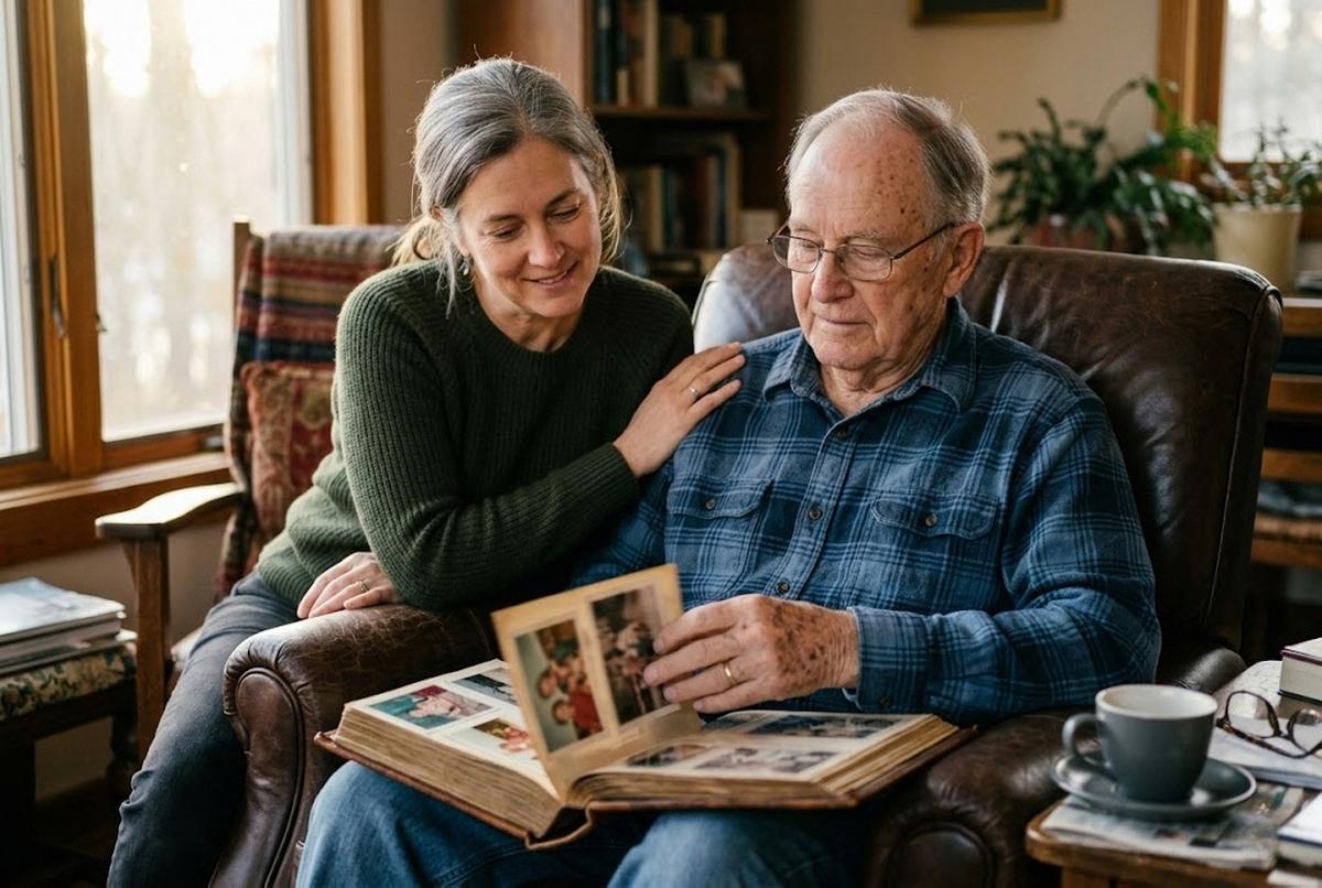 Adult son sitting beside his elderly father in a softly lit memory care room on Father's Day morning, holding his hand