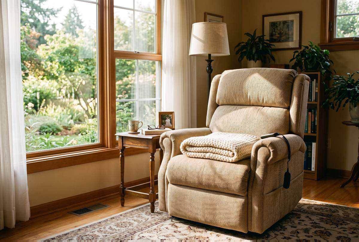 An empty upholstered power lift chair positioned by a bright living-room window in a senior's home, warm morning light falling across the fabric and a folded blanket on the seat.