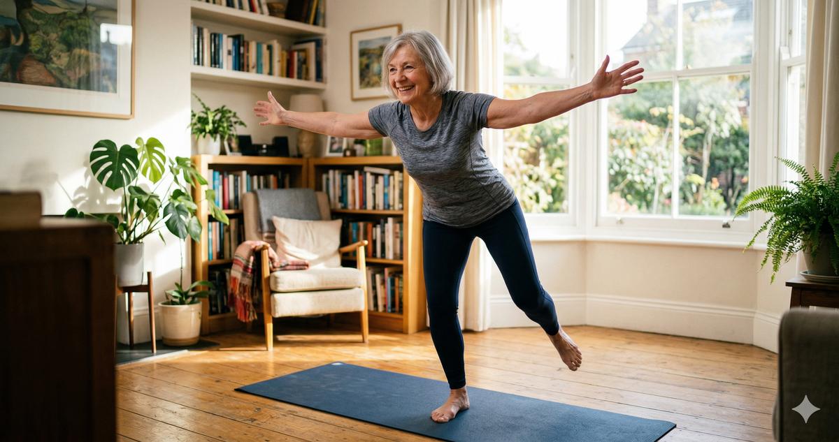 Senior woman doing balance exercises while holding the back of a kitchen chair, sunlight through a window behind her