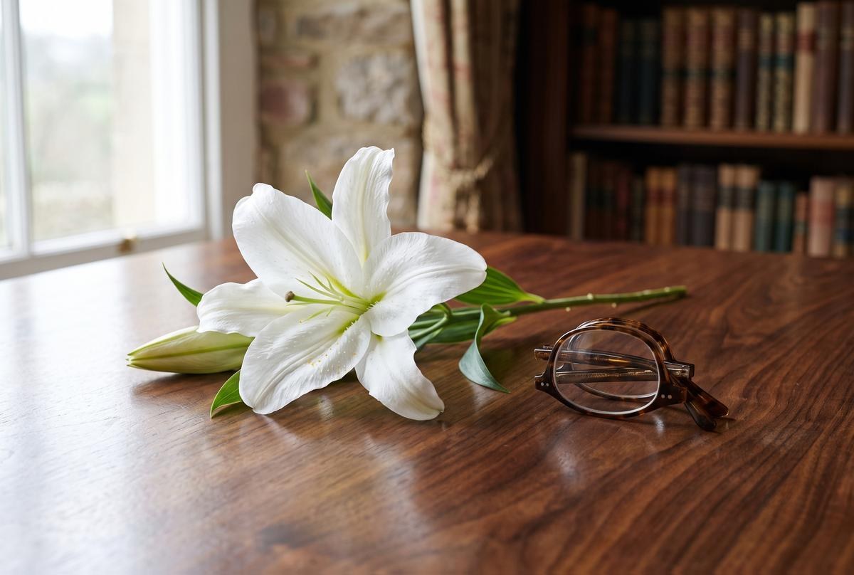 A single white lily resting on a polished wooden surface beside a folded pair of reading glasses in soft window light, calm and dignified.
