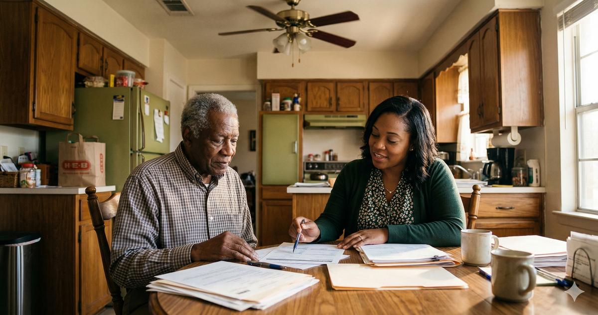 Adult daughter helping elderly mother review Texas Medicaid paperwork at a kitchen table with documents and a laptop