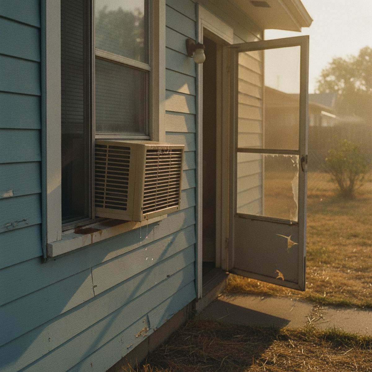 A weathered window air-conditioning unit installed in the window of a modest home on a hot, sunlit summer afternoon.