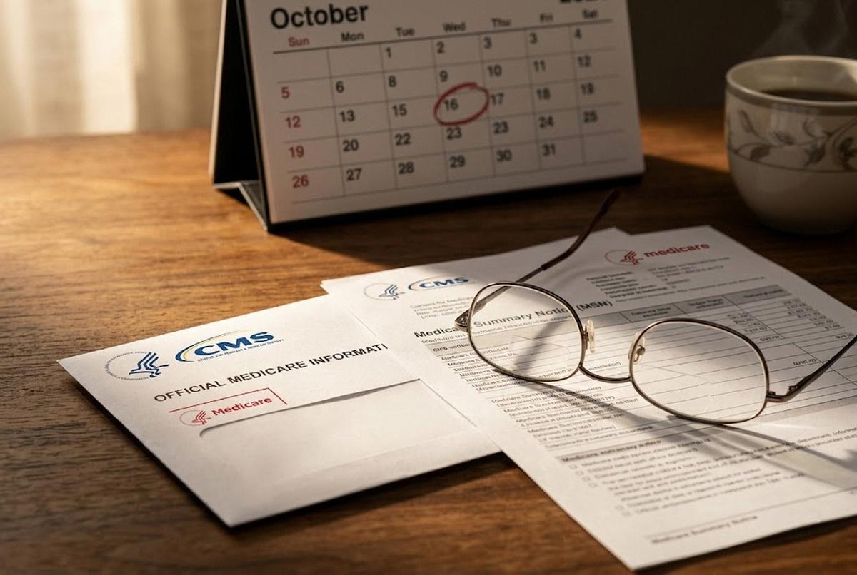 A kitchen table with Medicare Annual Notice of Change letters, a yellow highlighter, and a coffee mug