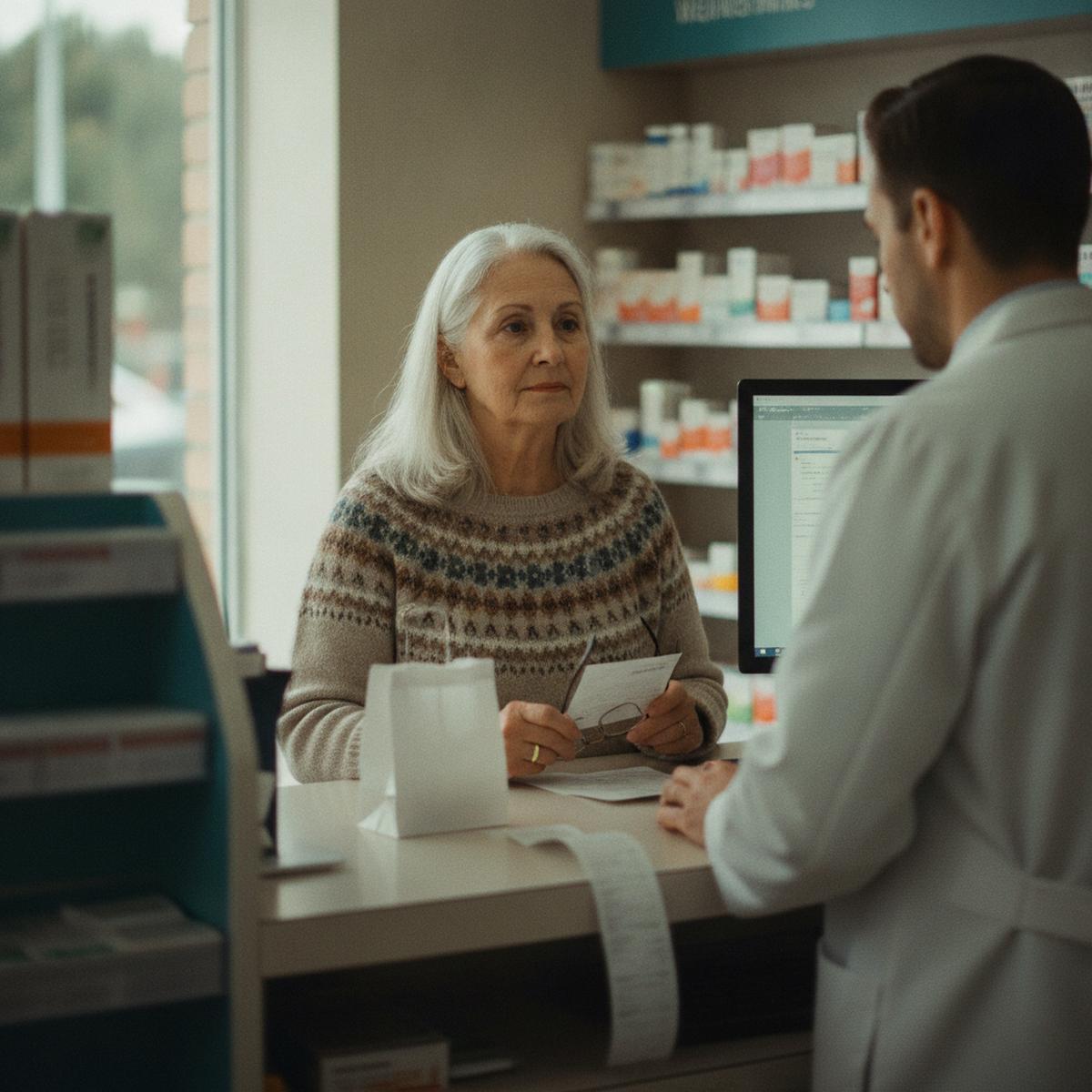 An older woman stands at a pharmacy counter reviewing paperwork with a pharmacist, a prescription bag between them.