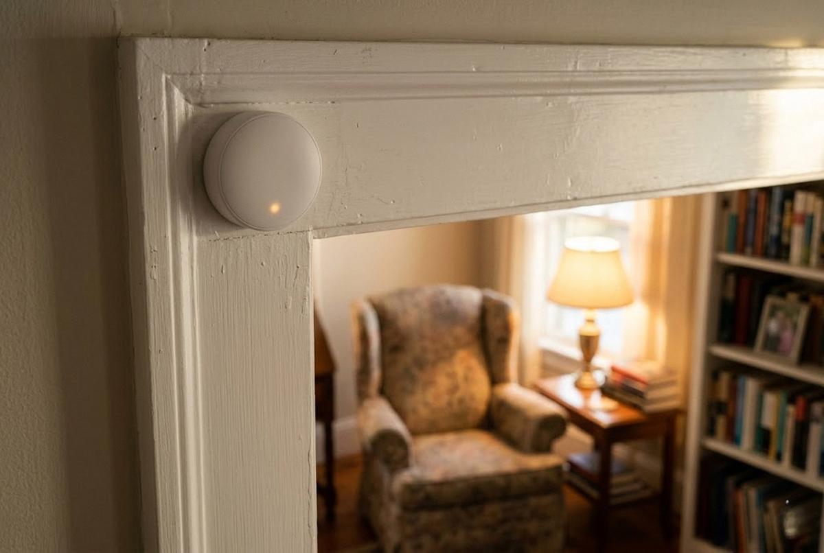 A small wall-mounted radar fall detection sensor installed high on a bathroom wall above a walk-in shower, with morning light coming through a window