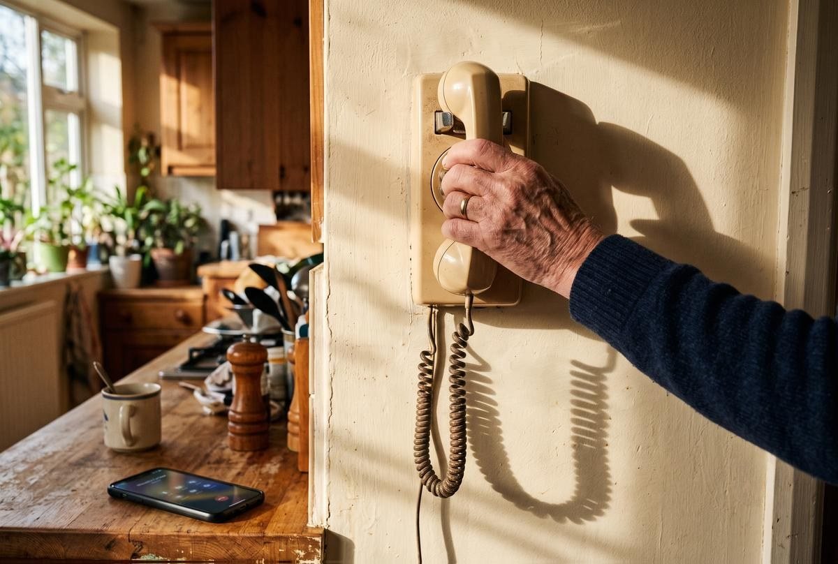 A senior's hand reaching for a ringing corded landline phone on a kitchen wall, with a smartphone on the counter below lit up by an incoming call.