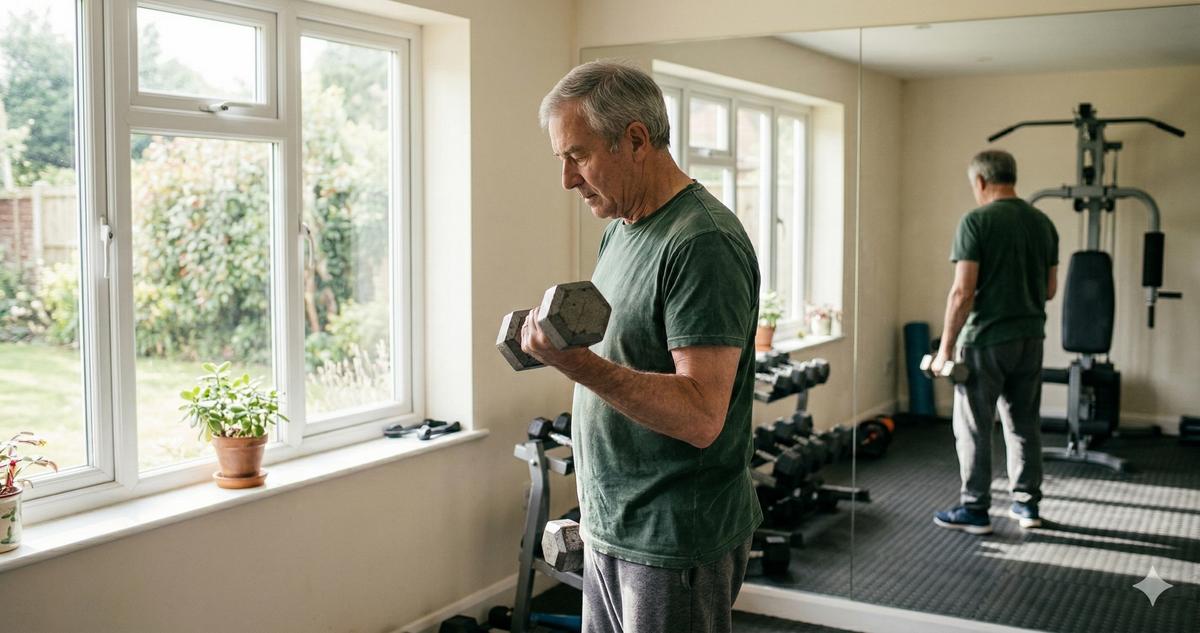 Senior man doing sit-to-stand exercises from a kitchen chair in a sunny living room with resistance bands on the table