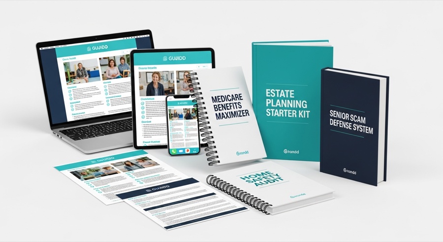 The Senior Essentials Toolkit — 5 printed guides fanned out on a desk