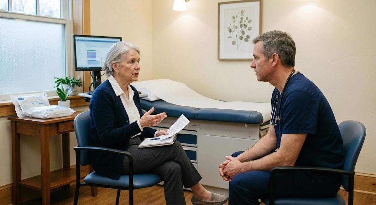 A woman in her early 70s in an exam-room conversation with her physician — printed list of questions on her lap, gesturing slightly, the doctor leaning in and listening, dignified patient advocacy.